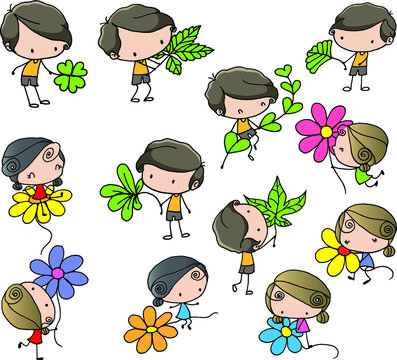 vector cartoon boy and girl holding flowers and leaf set