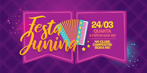 Fototapeta premium Traditional Party in Brazil. Festa de Sao Joao. Local Cultural Event. Brazilian Winter June Celebration. Typographic Vector Art. Colorful composition.