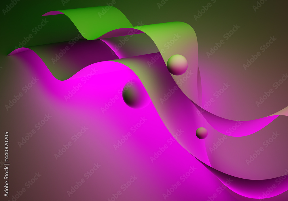Poster neon background texture. ribbons and balloons in pink neon light. abstract background with wide ribb