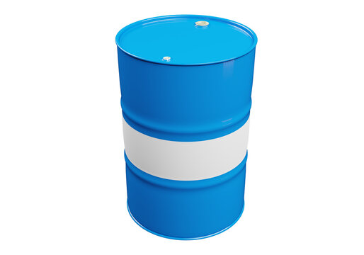 Barrel for chemistry. Blue metal barrel with white line. Chemical Industry. Container for chemical liquids. Toxic barrels are kept in stock. Barrel for oil on a white background. 3d visualization