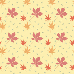 Autumn vector seamless pattern.Cute leaves with light yellow background,hand drawn,Suitable for home decoration, wallpaper,gift paper, greeting cards.Pastel tone style