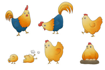 Watercolor style colorful chicken on white background set,character hen rooster and chicks, hen sitting on eggs in hen-coop is a cute cartoon image,hand drawn.