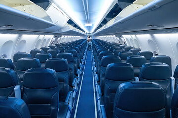 Salon of plane with people leaving into distance. Empty seats in aircraft salon. Modern aircraft,...