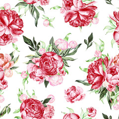 Watercolor bright red peonies seamless pattern for fabric. Watercolor peonies floral pattern repeat floral background for apparel, wallpaper, wrapping paper, home decor - 440971066