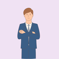 vector cartoon illustration of a businessman standing with his arms crossed wearing a blue suit with success on a light pink background,hand drawn.