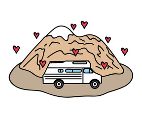 Mobile home on a background of mountains. Cartoon. Vector illustration.