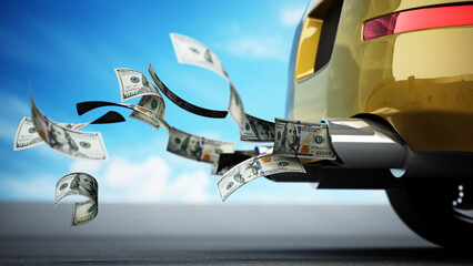 100 dollar bills flowing from the exhaust pipe of a car. 3D illustration