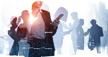 Business Woman browsing internet using smartphone. Group of business people working on project, meetings, corporate life. New York on background. Networking and recruitment process Double exposure.