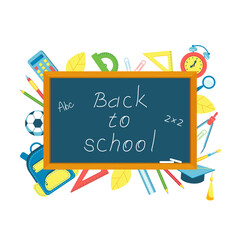 School board with the inscription Back to school and school supplies banner. Vector stock illustration. 