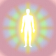 Soft textured retro, muted pink, green rainbow aura layers, energy field with human figure  - grainy gradient, high resolution square background