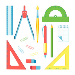 School supplies stationery set isolated on white background. Vector stock illustration. 