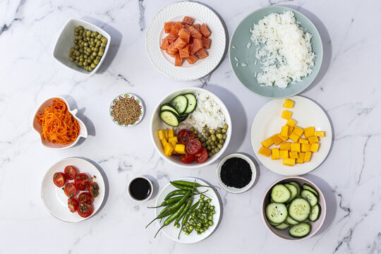Raw ingredients for poke dish