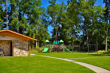 View of green playground with slides, monkey bars, ladders, and swings
