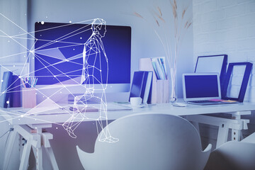 Multi exposure of creative theme drawings and office interior background.