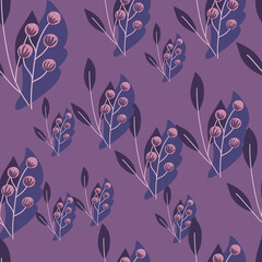 Random rowan berry seamless pattern in decorative style. Purple background. Floral natural backdrop.