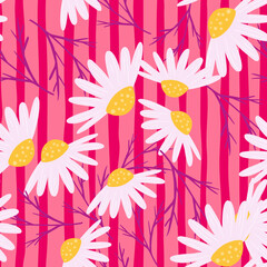 Random white chamomile flowers shapes seamless pattern. Pink bright striped background. Blossom ornament.