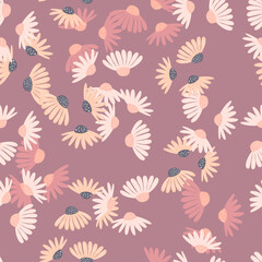 Creative floral nature seamless pattern with random little daisy flowers ornament. Purple pastel background.