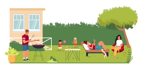 Obraz na płótnie Canvas Happy family or friends with kids spending time in backyard at barbecue party or picnic. Mother, father and children performing recreational activities in garden. Flat cartoon vector illustration.