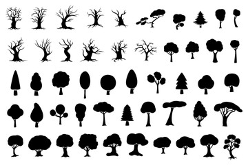 A large set of silhouettes of different trees.