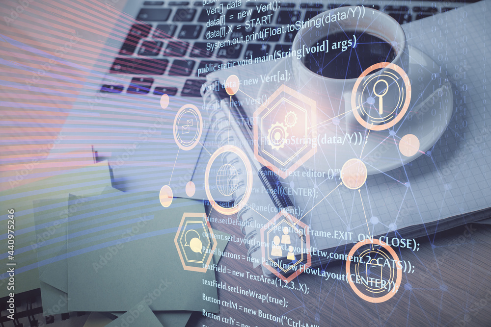 Poster Multi exposure of technology theme drawing and desktop with coffee and items on table background. Concept of data research.