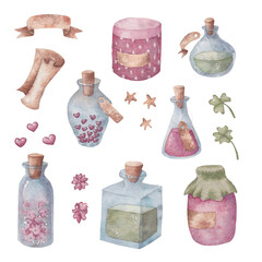 Watercolor hand-drawn illustration with pink and green botlles and jars