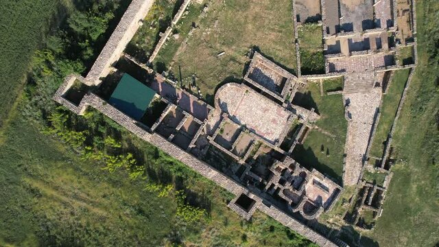 Aerial view of archaeological site, ruins of ancient town and church basilica, Bargala, Stip, Macedonia