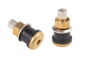 Valve tubeless car tires isolated on white background. Metal truck tyres valves.