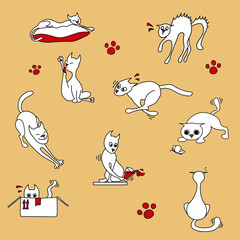 Set of funny cartoon cats, sleeping, playing, stretching, running on light background. Illusration of the cute white cats. Vector doodle illusration.  For printing, card, t-shirt, product