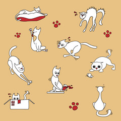 Set of funny cartoon cats, sleeping, playing, stretching, running on light background. Illusration of the cute white cats. vector doodle illusration.  For printing, card, t-shirt, product