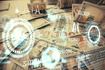 Double exposure of data theme drawing over us dollars bill background. Technology concept.