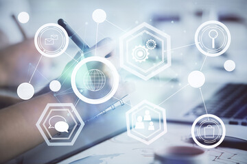 Double exposure of social network theme drawing over people taking notes background. Concept of human connection