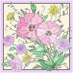 Vintage floral design. Illustration with roses and summer flowers. Floral design.