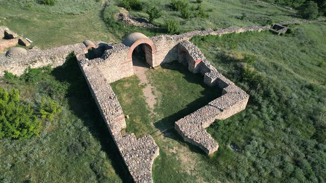 Aerial view of archaeological site, ruins of ancient town and church basilica, Bargala, Stip, Macedonia