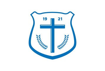 Retro Vintage Shield with Jesus Christian Cross for Church Chapel Religion Logo Design Vector