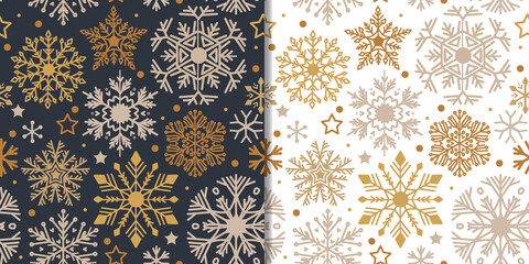 Christmas set with two seamless pattern and cute winter snowflakes elements, vector design. Simple Christmas background with geometric motifs. Traditional retro textile collection