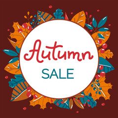 Autumn sale square banner with lettering and colorful autumn leaves and berries on a dark background. Vector illustration.