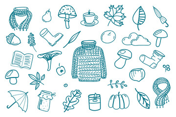 Set of contour vector hand-drawn autumn elements. Collection of isolated seasonal icons: scarf, leaves, mushrooms, berries, jam, sock, shoes, umbrella, tea, acorn, nut, candle, pear, apple, book.