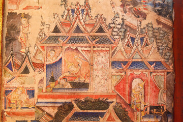 Wall Painting from the Chiang mai History at Wat Phra Singh Waramahavihan in Chiang Mai, Thailand.