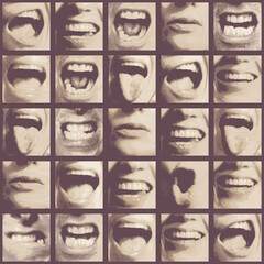 Seamless pattern in retro style with human mouths expressing various emotions-smiling, shocked, surprised, cheerful, scared. Monochrome vector background. Wallpaper, wrapping paper, fabric