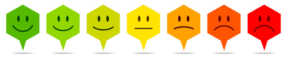Sieben Bunte Waben Sprechblasen Feedback Gesichter Grün Zu Rot
