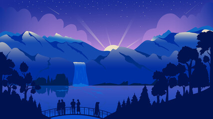 Mountain night landscape, travel adventure vector illustration. Cartoon tourist people stand on bridge, enjoy waterfall, calm water of lake and mountains on horizon, forest tree silhouettes background