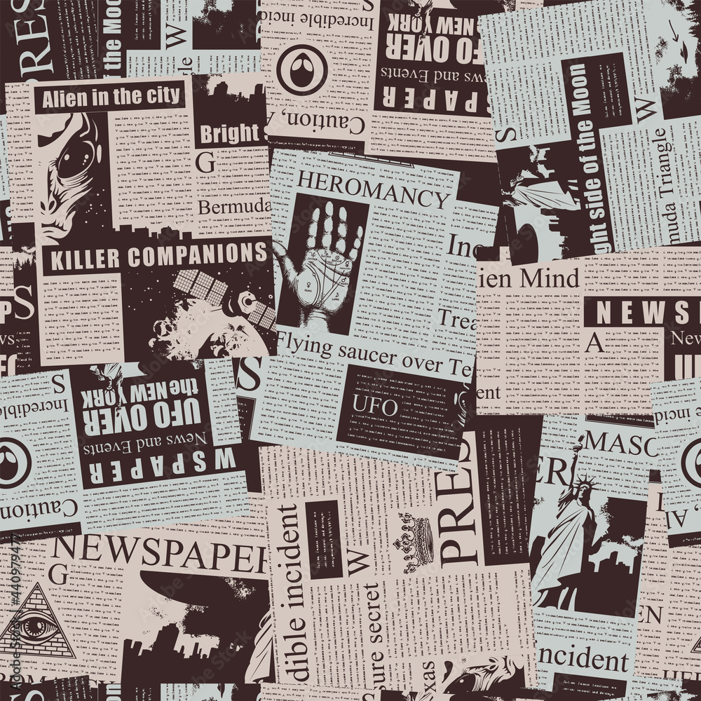 Poster vector seamless pattern with a collage of magazine and newspaper clippings. colored abstract backgro