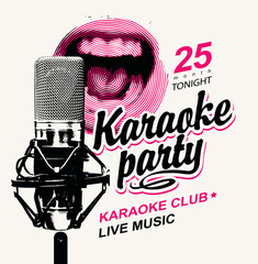 Vector music poster or banner for karaoke party with a singing mouth, a studio microphone and a calligraphic inscription on a light background. Suitable for advertising poster, flyer, invitation - obrazy, fototapety, plakaty