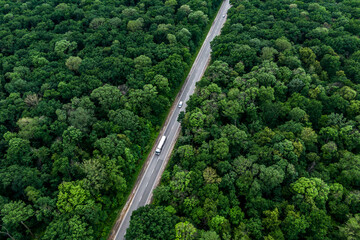 white truck Gasoline tanker driving on asphalt road through a green forest Drone top view. Aerial view landscape.