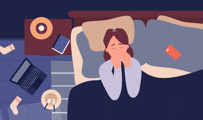 Girl in depression anxiety insomnia problem at night vector illustration. Cartoon unhappy upset young woman character crying, depressed sad lady lying in bed, bedroom interior top view background