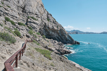 View of rocky coast of Black Sea from Golitsyn trail, Crimea, National botanical reserve New World.