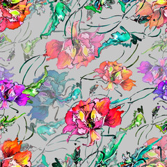 Watercolor seamless pattern with flowers poppy on gray background.