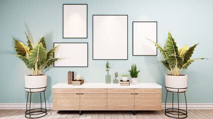 Stylish interior design of dining room with table chair, tropical plant in ceramic pot