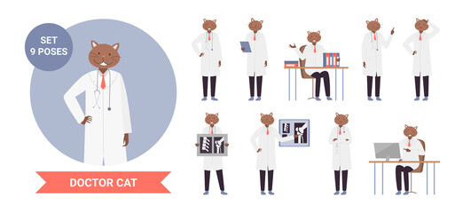 Doctor cat character poses, anthropomorphic set vector illustration. Cartoon funny medicine worker kitten posing and working, kitty scientist with stethoscope holding x-ray of bones isolated on white