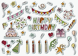 Birthday colorful stickers set in  doodle style. Party and holiday design with balloons, gifts, fireworks, ribbon, confetti, cake, stars, candles. Hand drawn illustrations